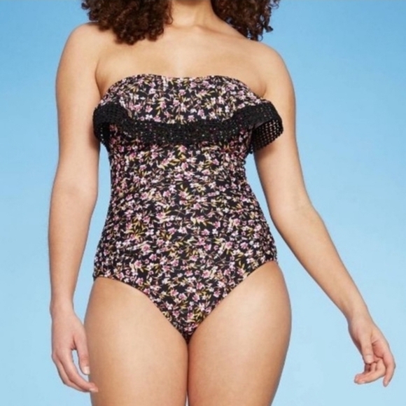 Kona Sol Crochet Flounce Bandeau Floral One Piece Swimsuit Size M with Straps - Picture 1 of 3